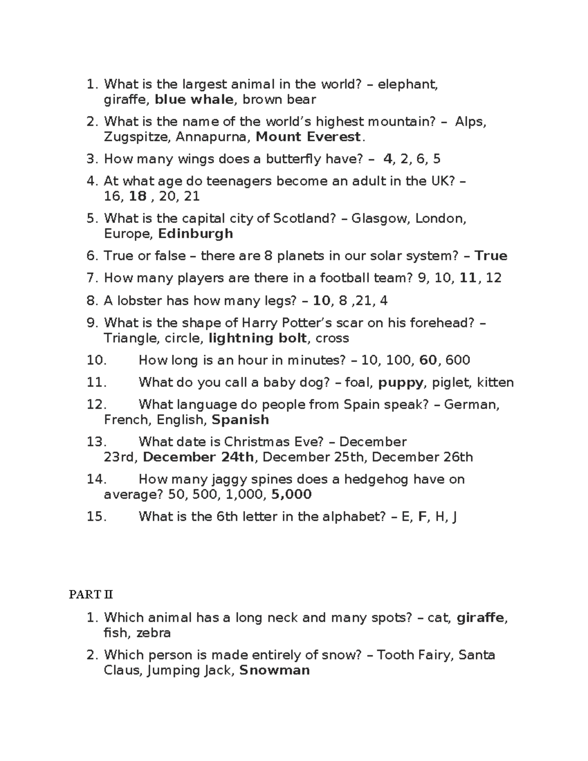 Quiz on General Knowledge Questions and Answers - Studocu