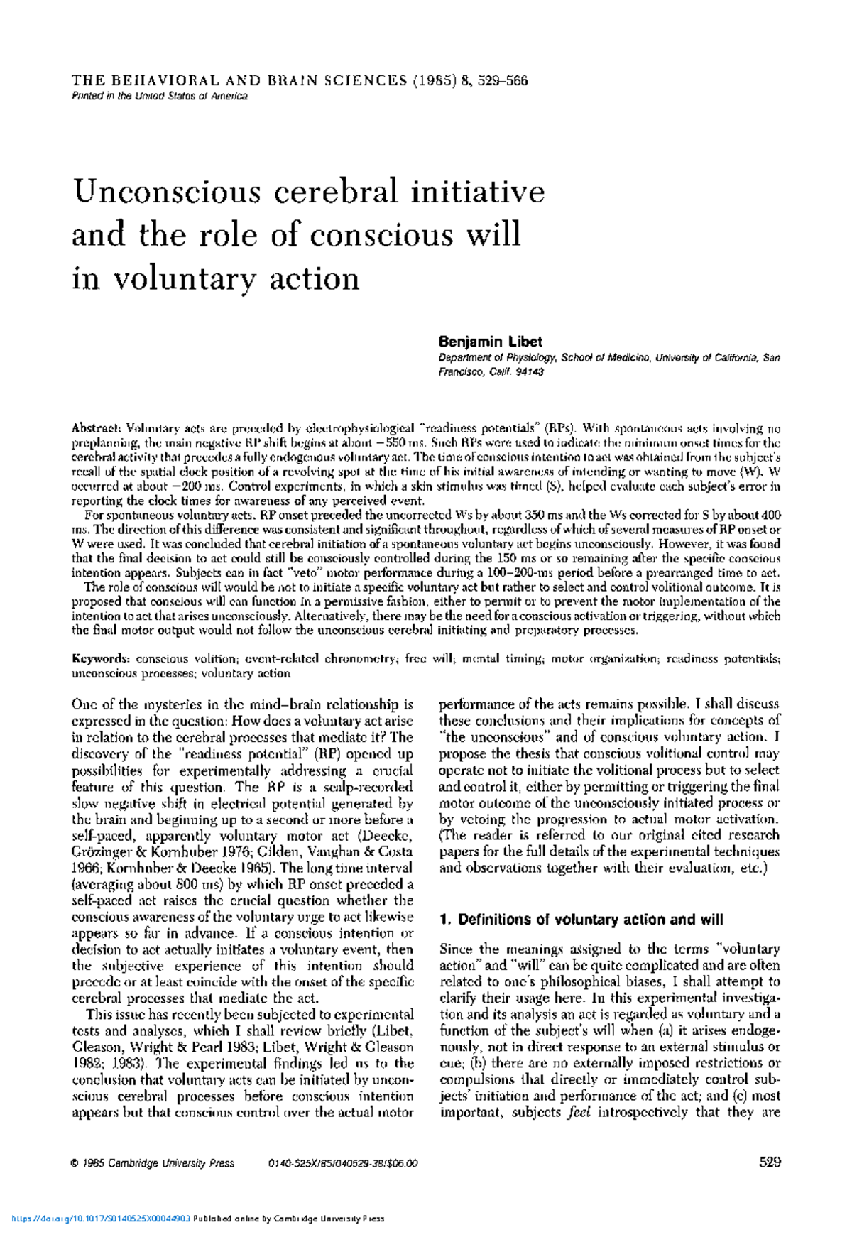 Libet 1985 - C8893: Unconscious Cerebral Processes in Voluntary Action ...