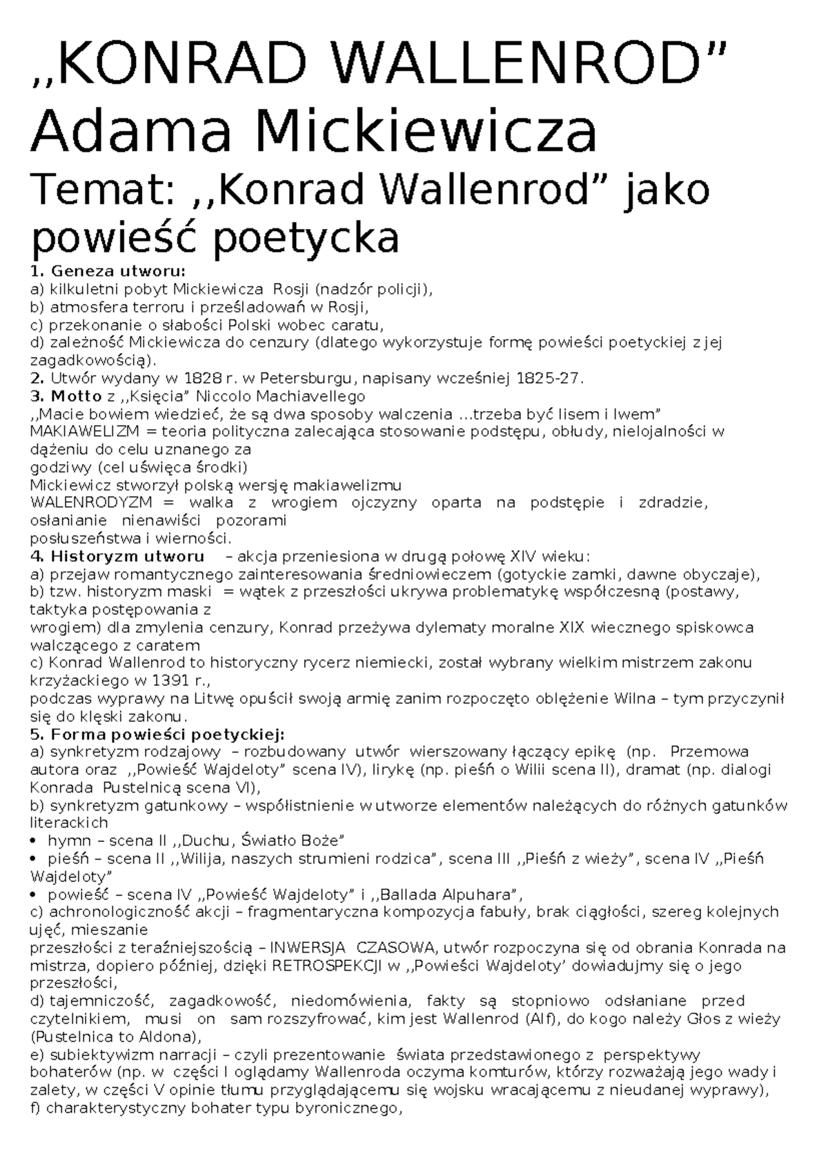 Konrad Wallenrod - Notatki z Lektury (Analiza Powieści Poetyckiej