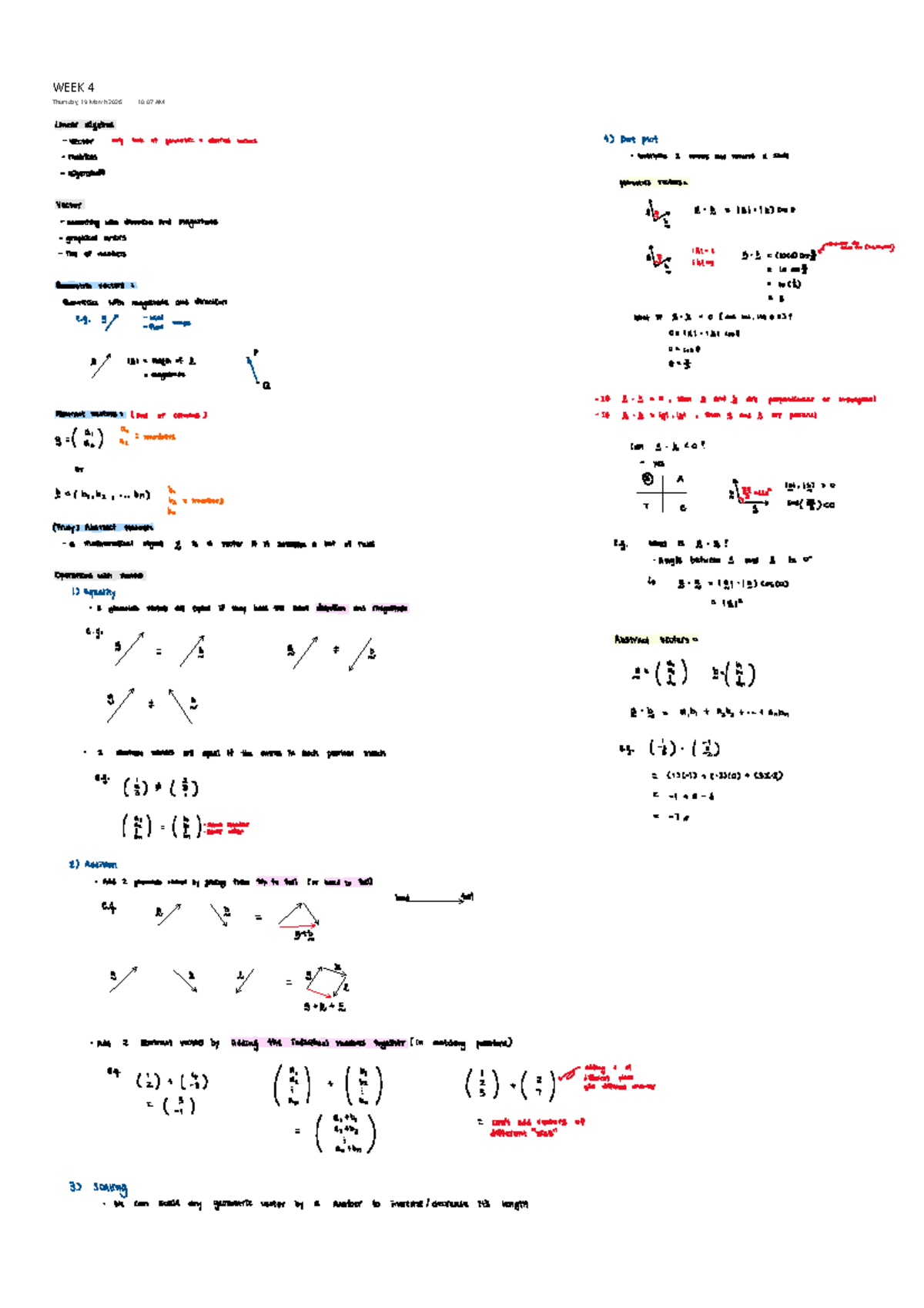 Math 101: Week 4 Lecture Notes on Linear Algebra Concepts - Studocu