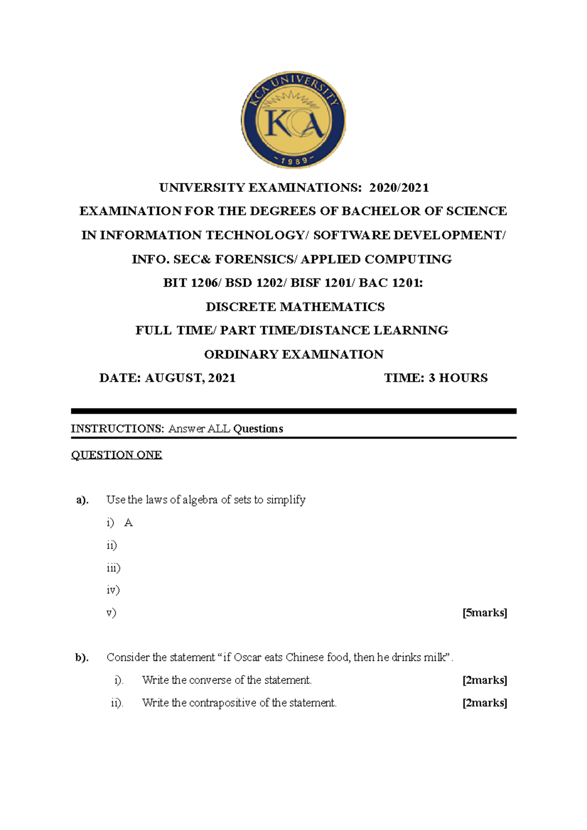 BIT 1206 BSD 1202 BISF 1201 BAC 1201 Discrete Mathematics - UNIVERSITY ...