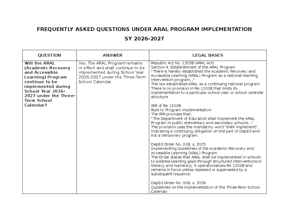 ARAL Program Implementation FAQs for SY 2027: Legal Bases & Guidelines ...