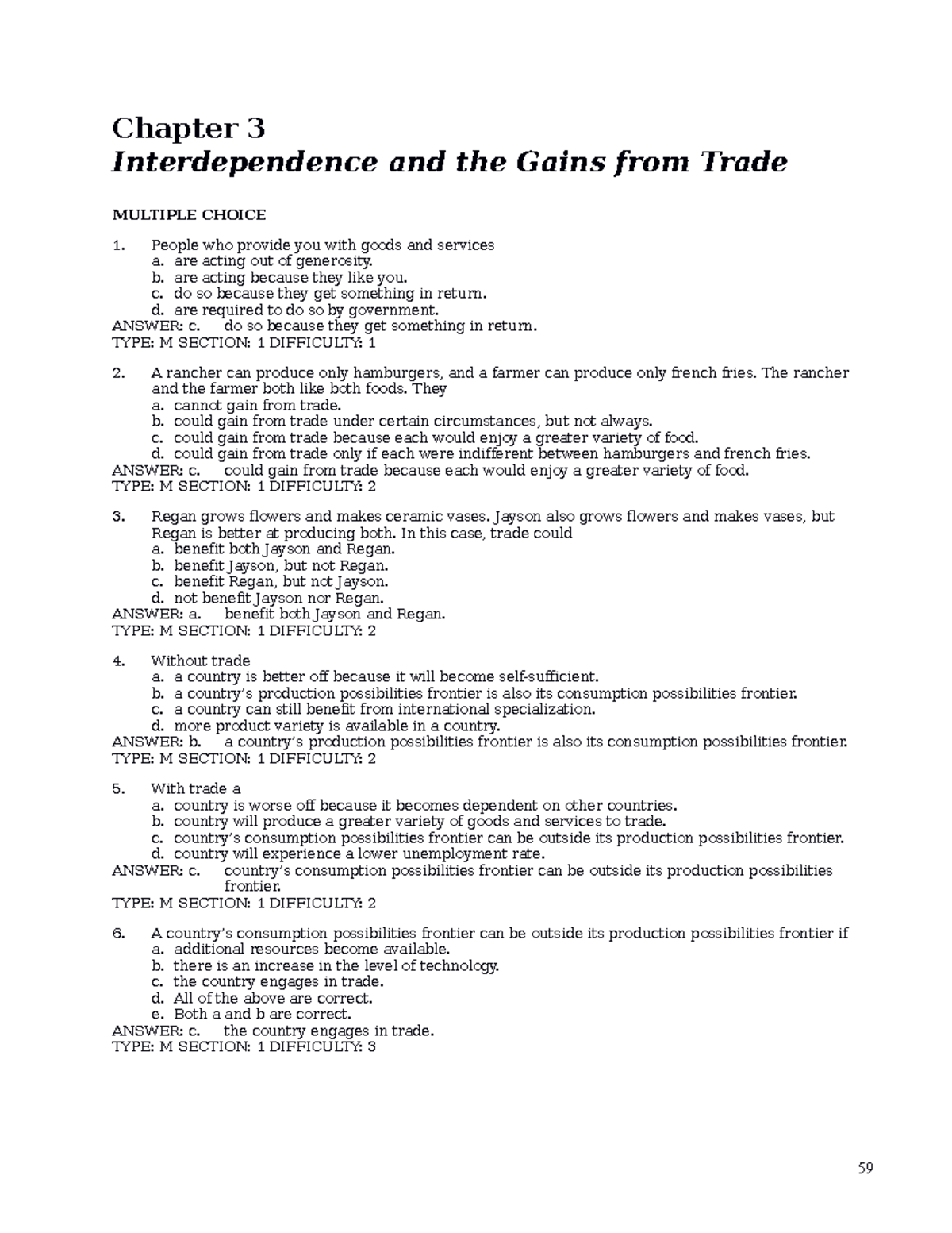 Chapter-3 - key for chapter 3 - Chapter 3 Interdependence and the Gains ...
