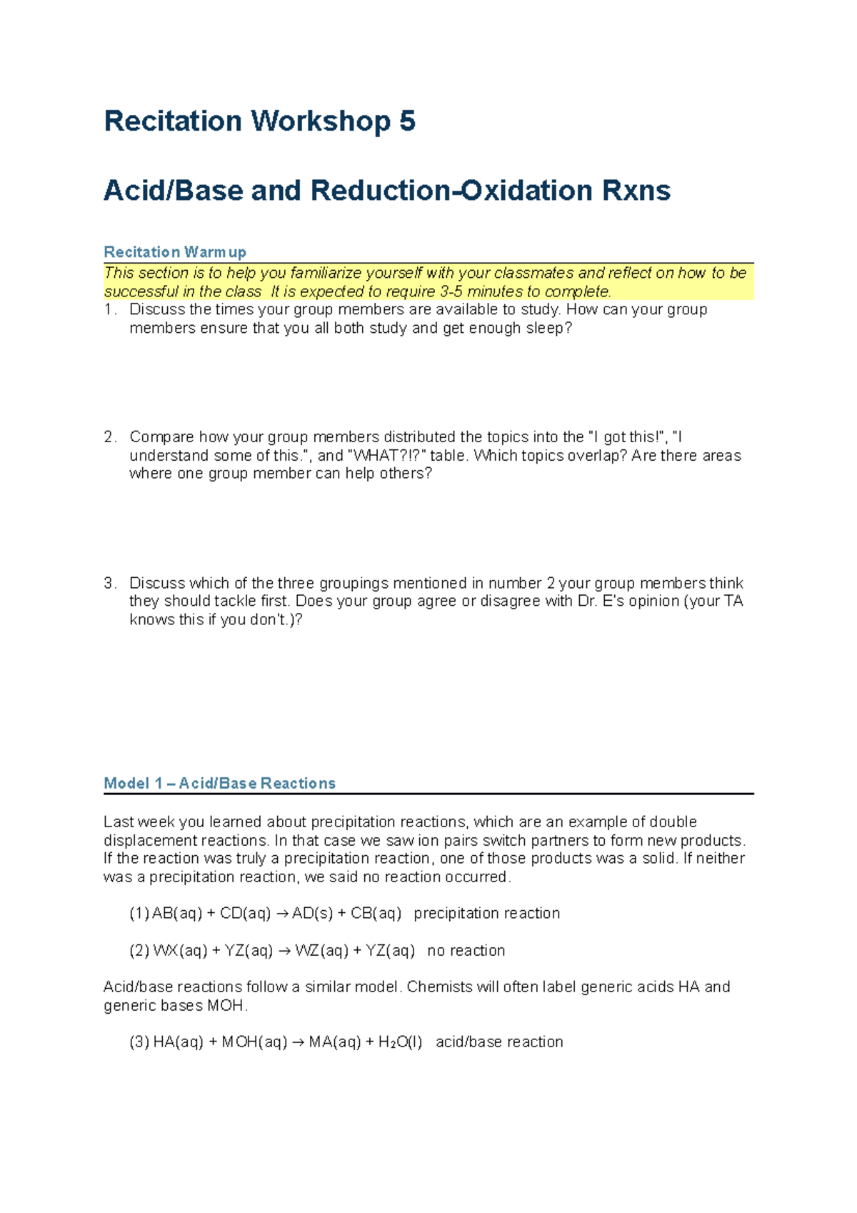 Recitation+Week+5+-+Acid%2Cbase+and+redox+rxns - Recitation Workshop 5 ...