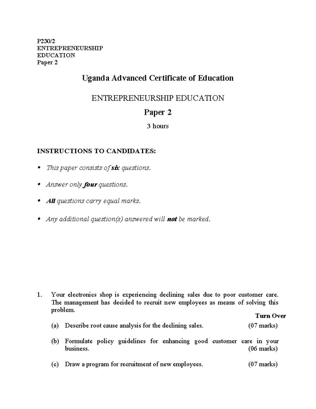 Ent 2 UACE Entrepreneurship Education Paper 2 Exam Guide Studocu