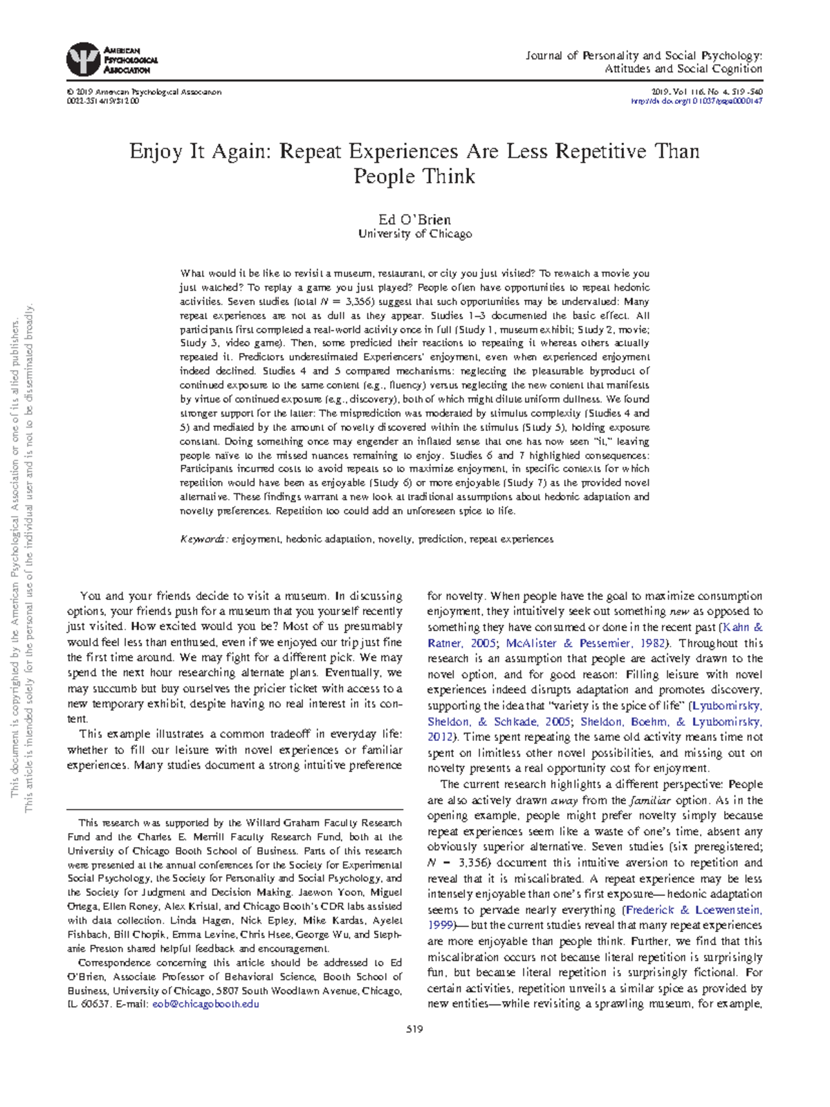 Exploring Enjoyment: The Value of Repeated Experiences in Psychology ...
