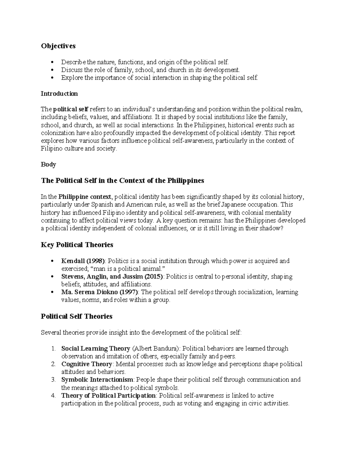The Political Self(WR) - Objectives Describe the nature, functions, and ...
