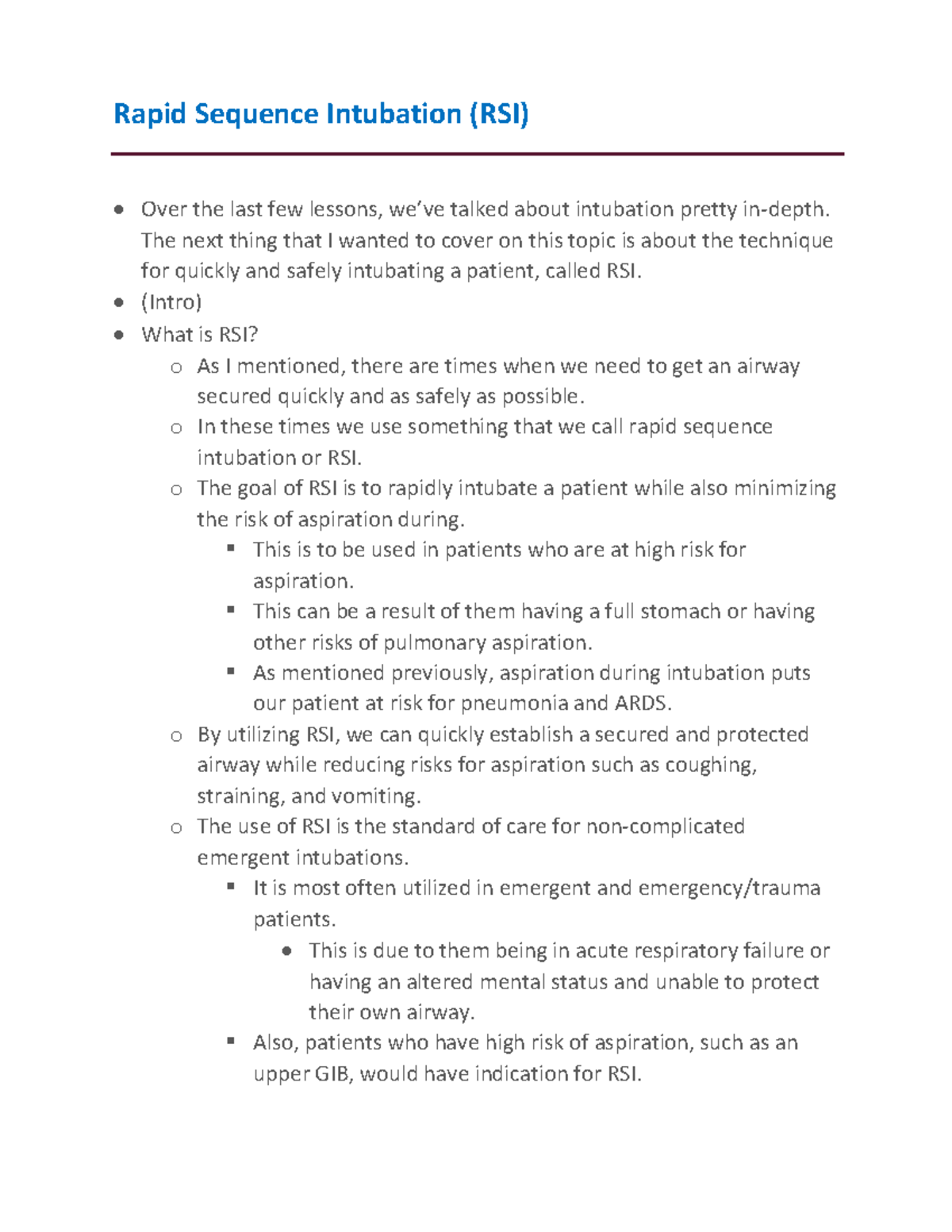 RSI (notes) - week 1 - Rapid Sequence Intubation (RSI) Over the last ...