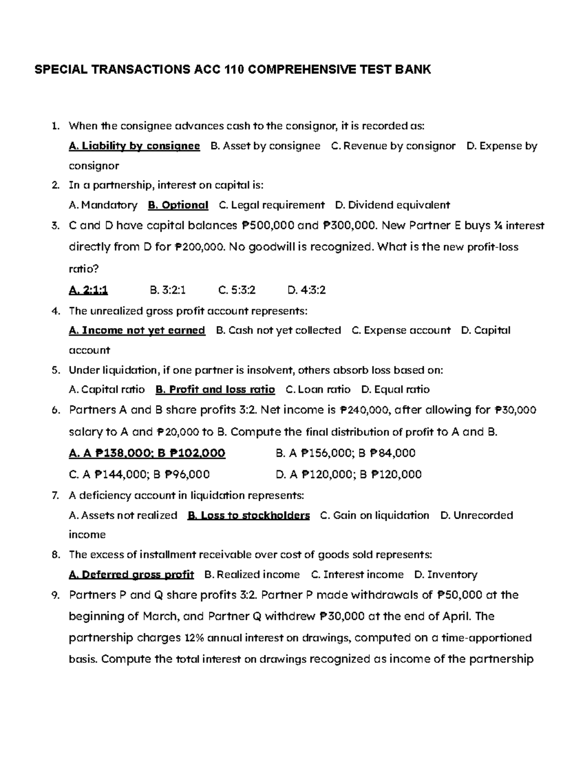 Special Transactions ACC 110 Comprehensive Test Bank - Studocu