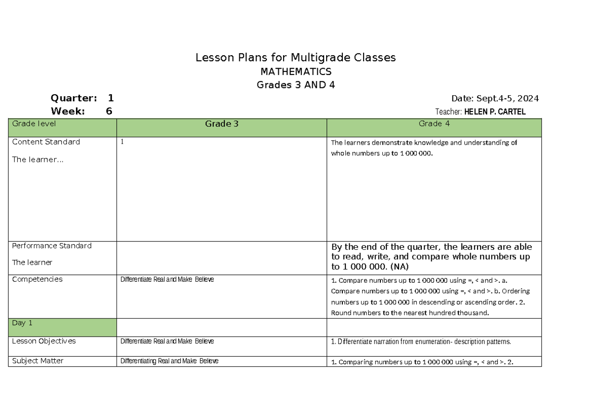 Lesson Plans for Multigrade Math Classes (Grades 3 & 4) - Week 6 - Studocu