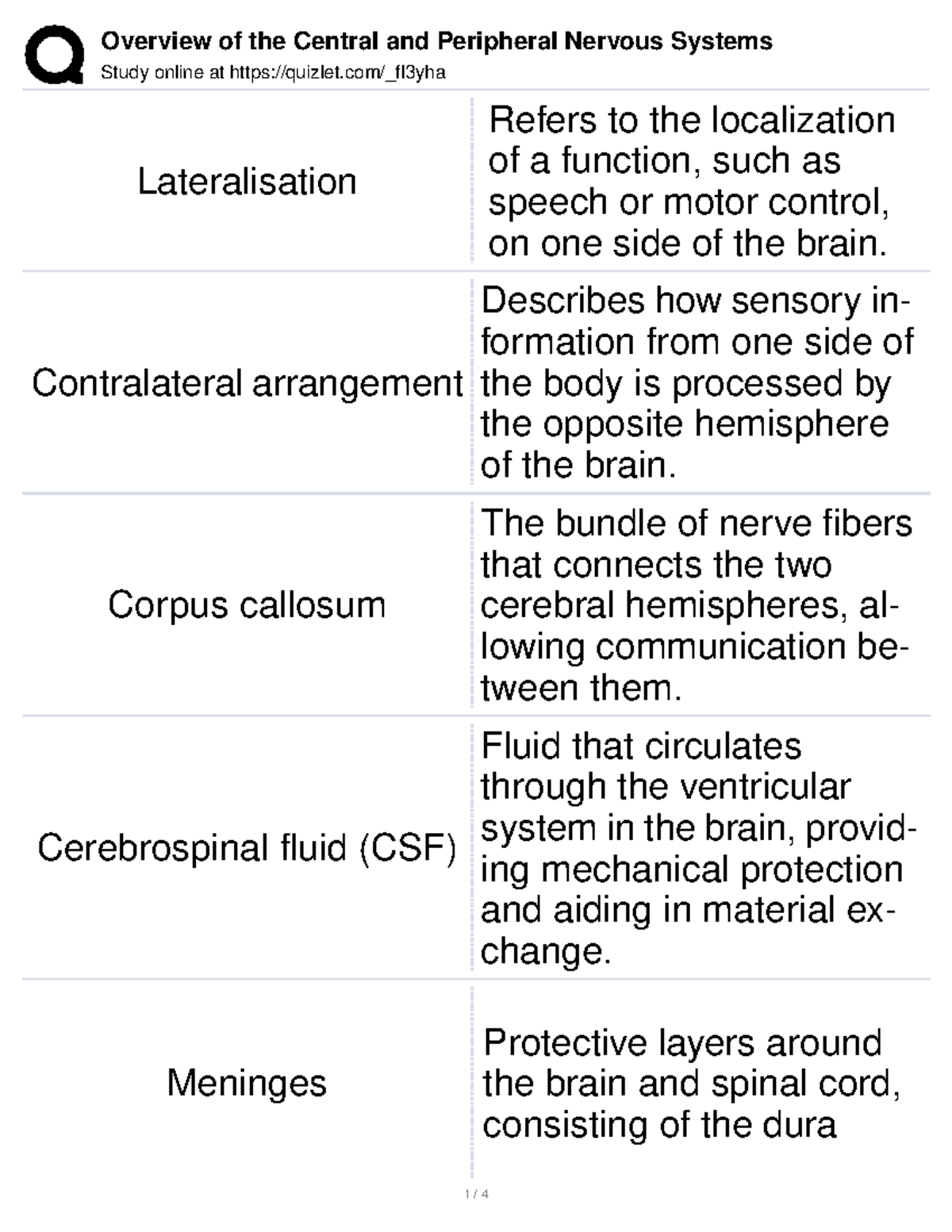CNS & PNS Overview: Week 2-3 Flash Cards for Study - Studocu