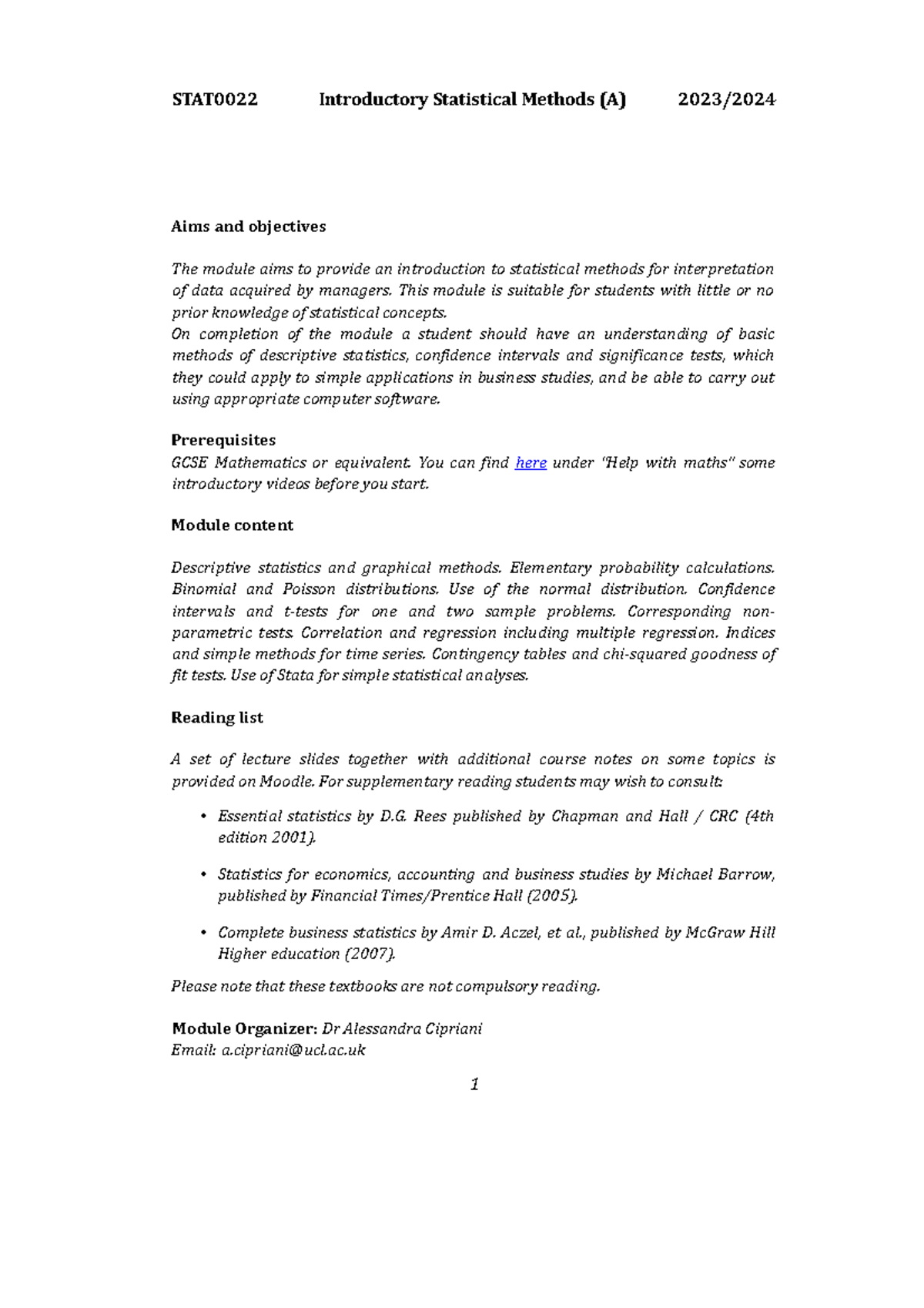 STAT0022 Introductory Statistical Methods Course Information 2023-24 ...