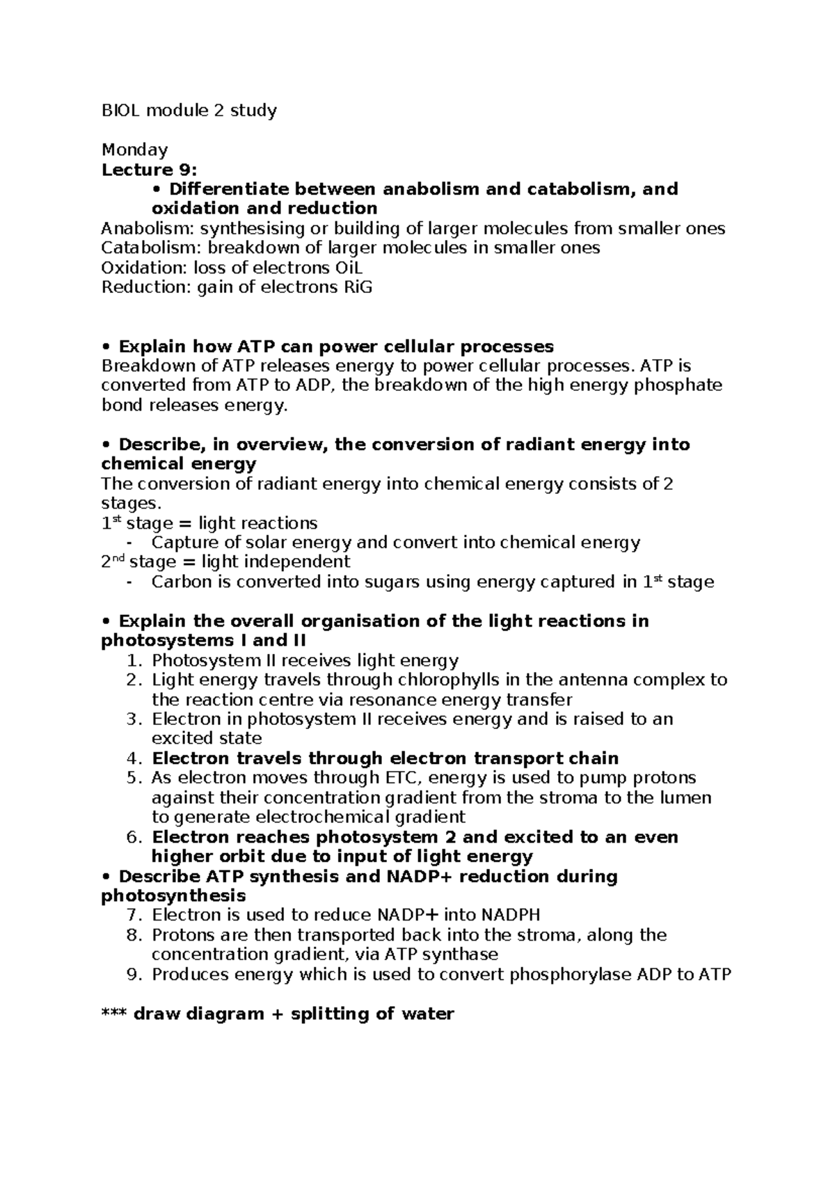 BIOL Module 2 Lecture Notes: Metabolism, Photosynthesis, and Cell ...