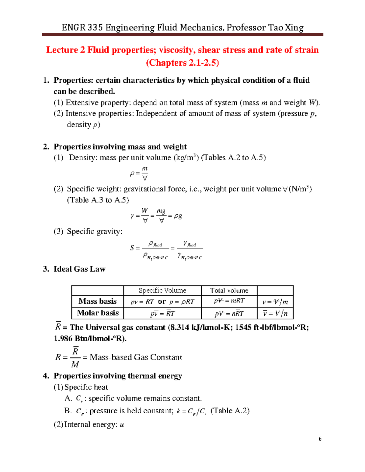 Engr-335 Lecture 2: Fluid Properties and Viscosity Notes - Studocu