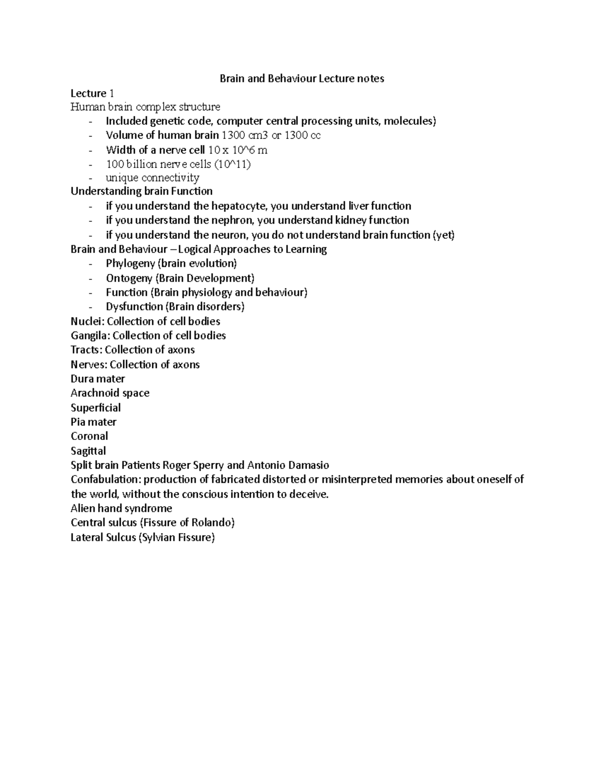Brain and Behaviour Lecture notes - Brain and Behaviour Lecture notes ...