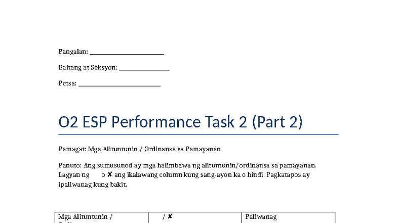 O2 ESP Performance Task 2: Mga Alituntunin sa Pamayanan - Studocu