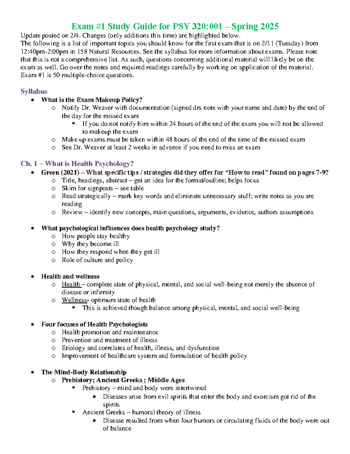Exam 1 Study Guide for PSY 320:001 – Health Psychology Spring 2025 ...