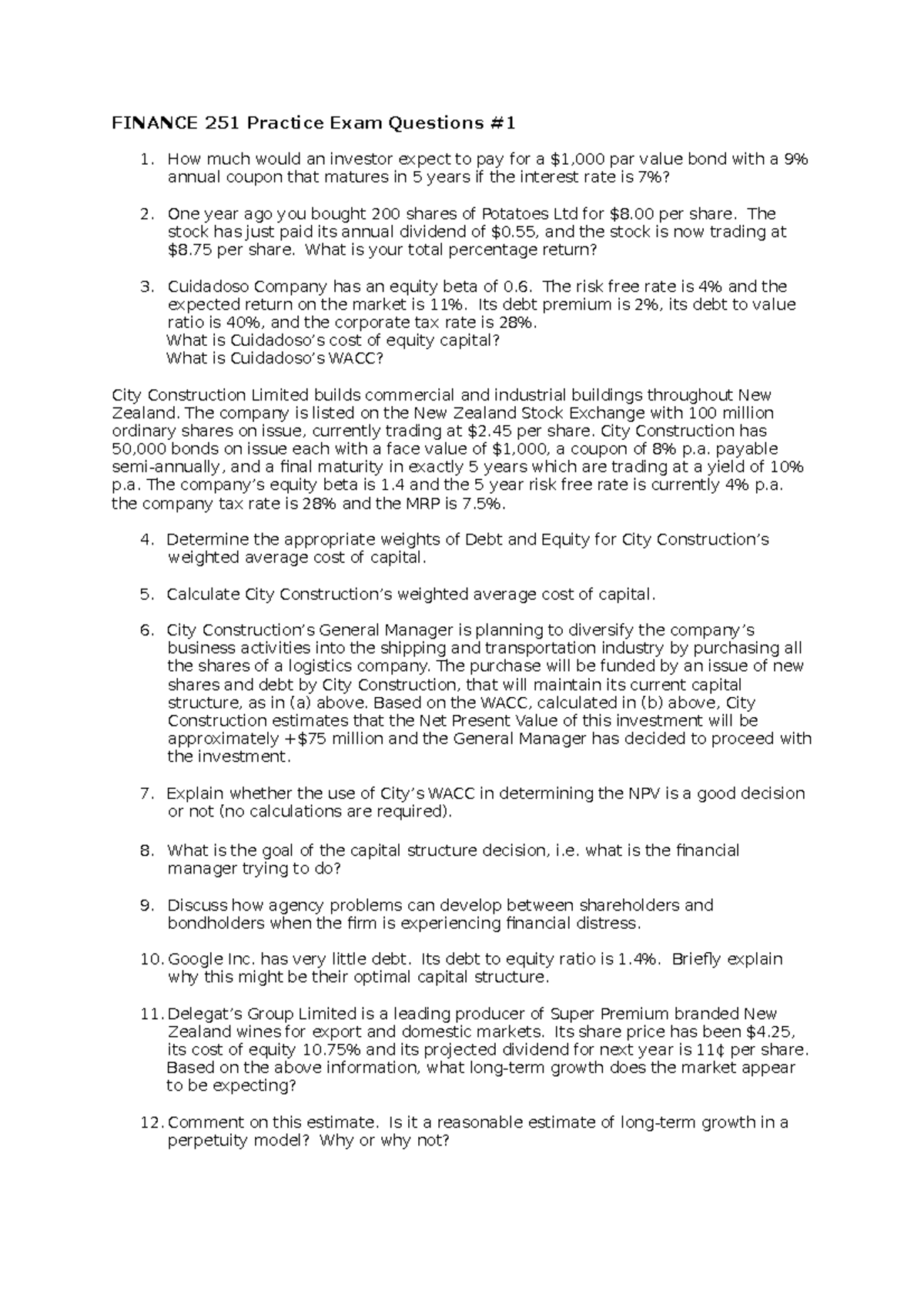 FINANCE 251 Practice Exam Questions and Key Concepts Review - Studocu