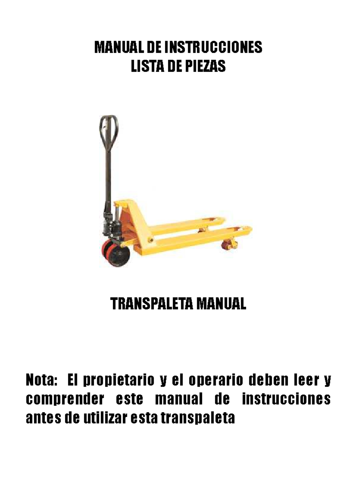 Manual de Instrucciones y Lista de Piezas Transpaleta Manual - Studocu