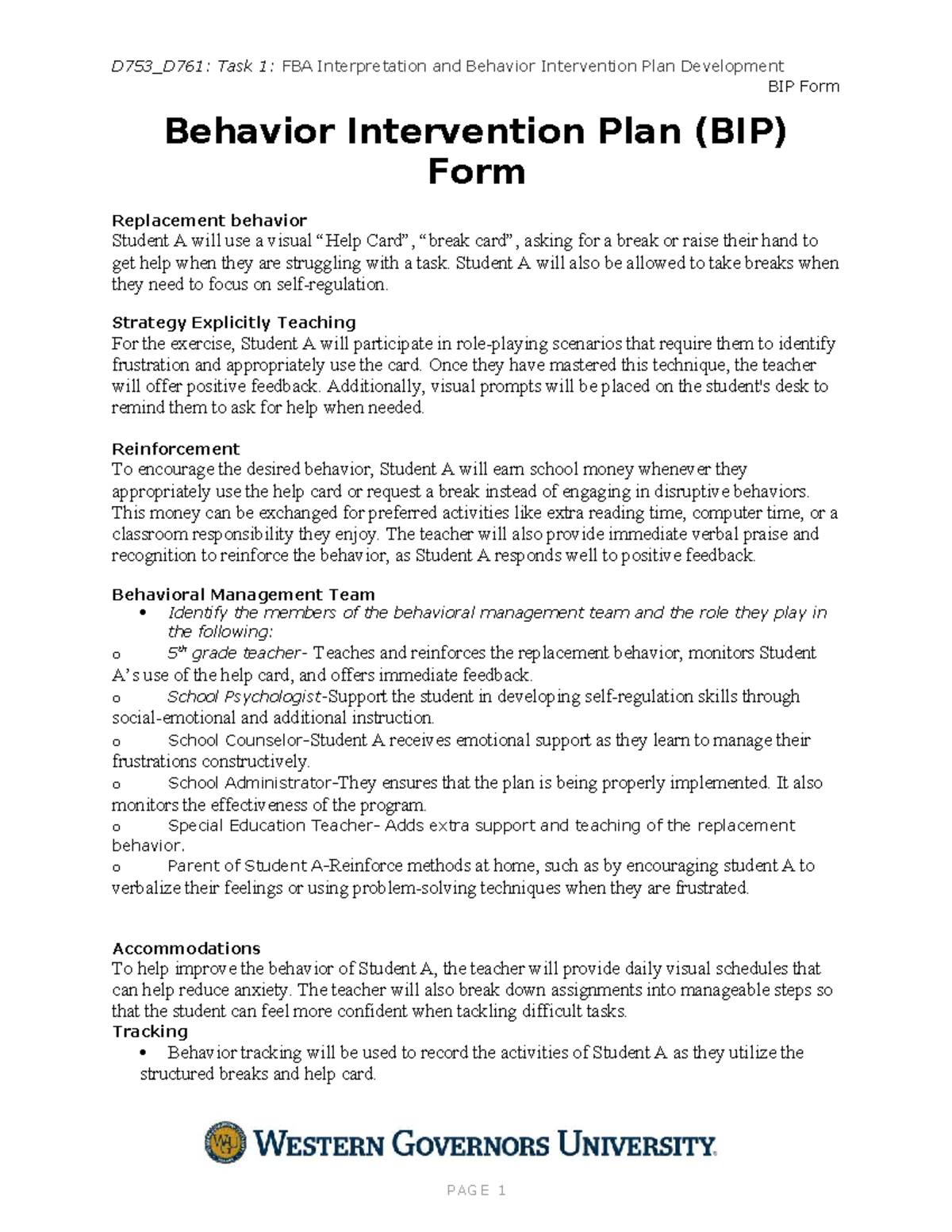 D753_D761: Task 1 - FBA & BIP Development for Student A - Studocu