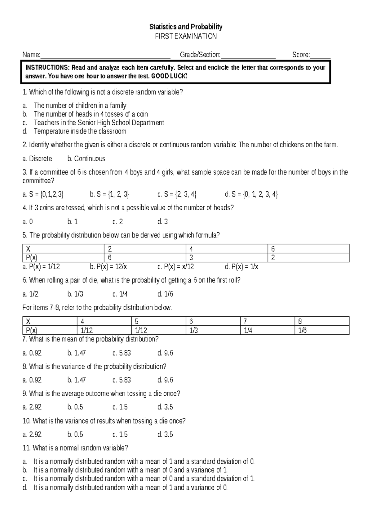 Sample First Exam Questionnaire: Stats & Probability (STAT101) - Studocu