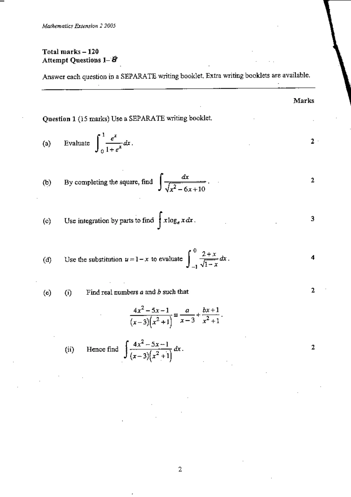 Ext 2 Trial Exam 2000 - Mathematics Concepts and Problems - Studocu