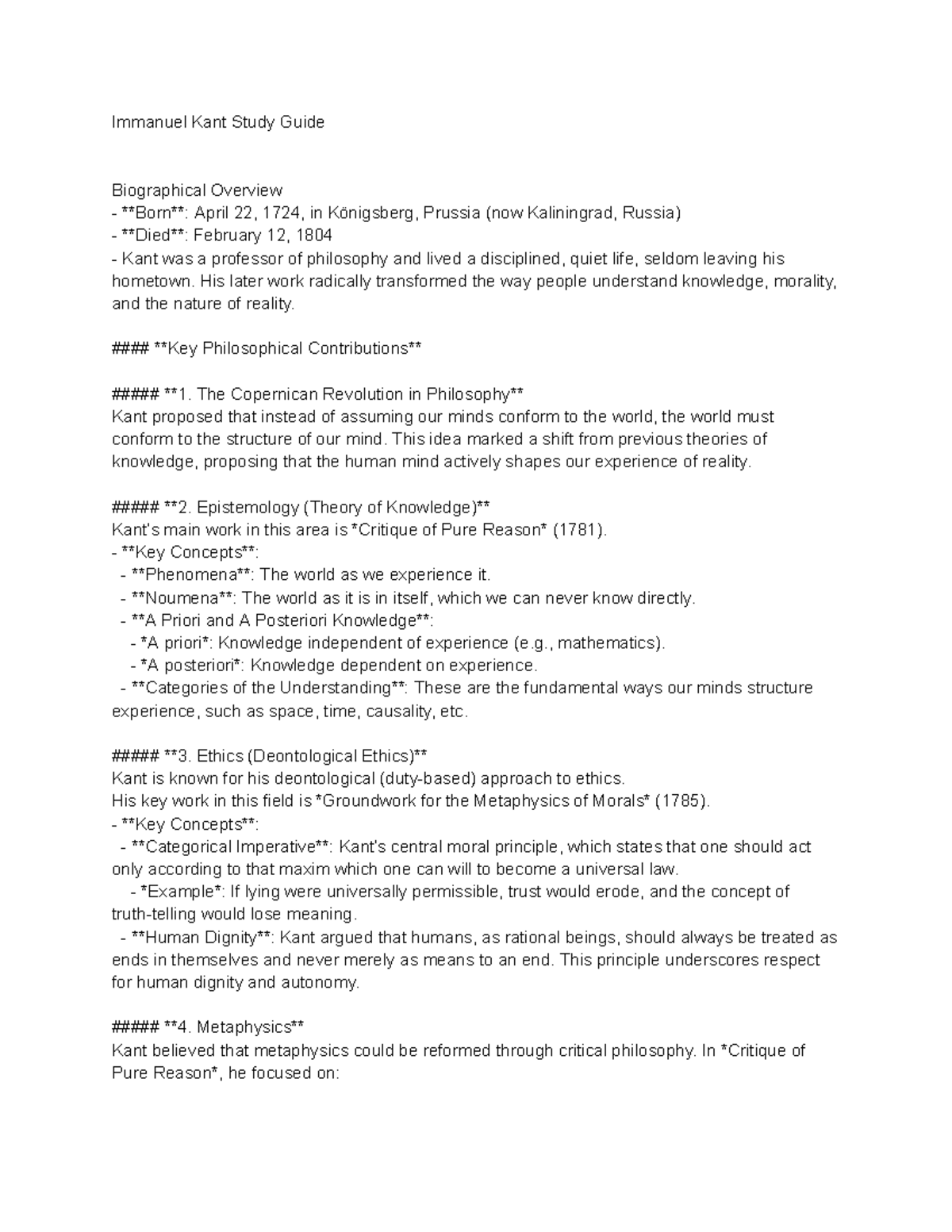 Kant PHI 101 Study Guide: Key Concepts and Philosophical Insights - Studocu