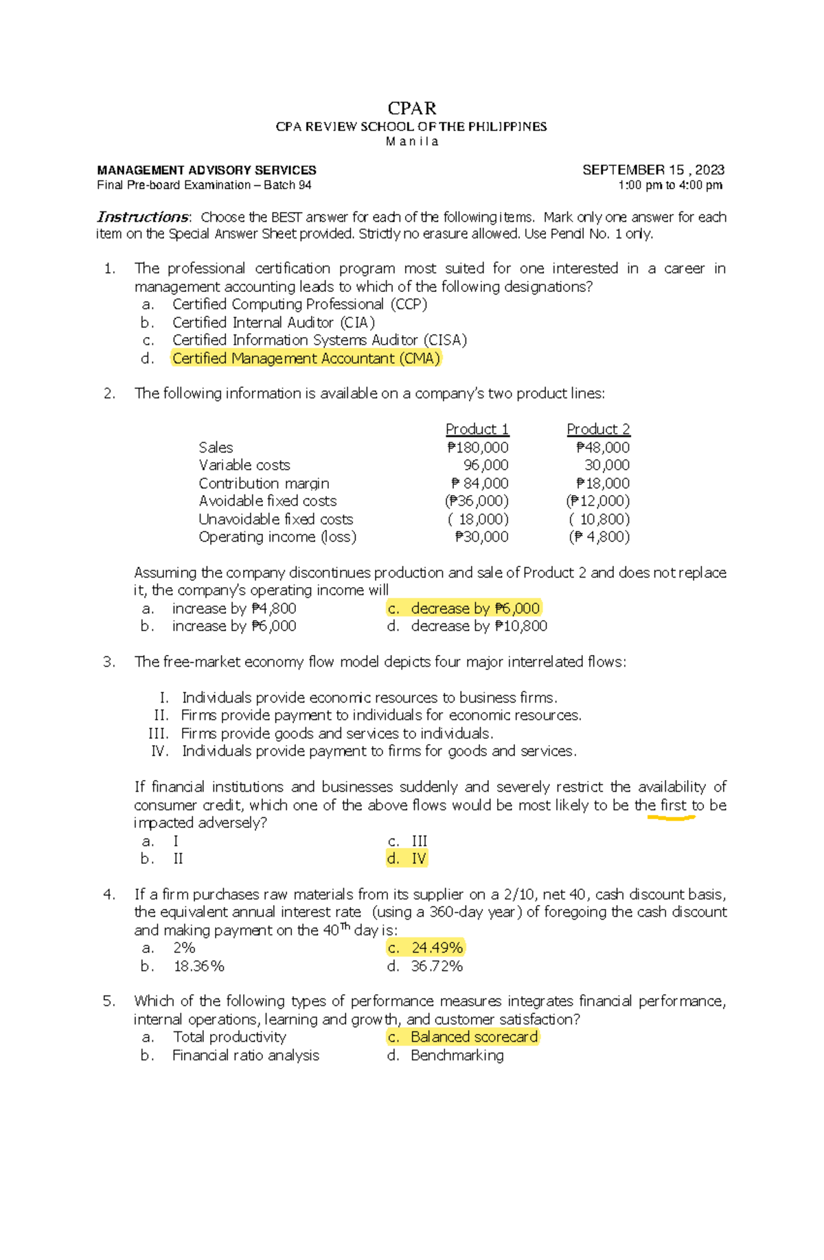 Final Pre-board Exam – Batch 94 – Management Advisory Services - Studocu