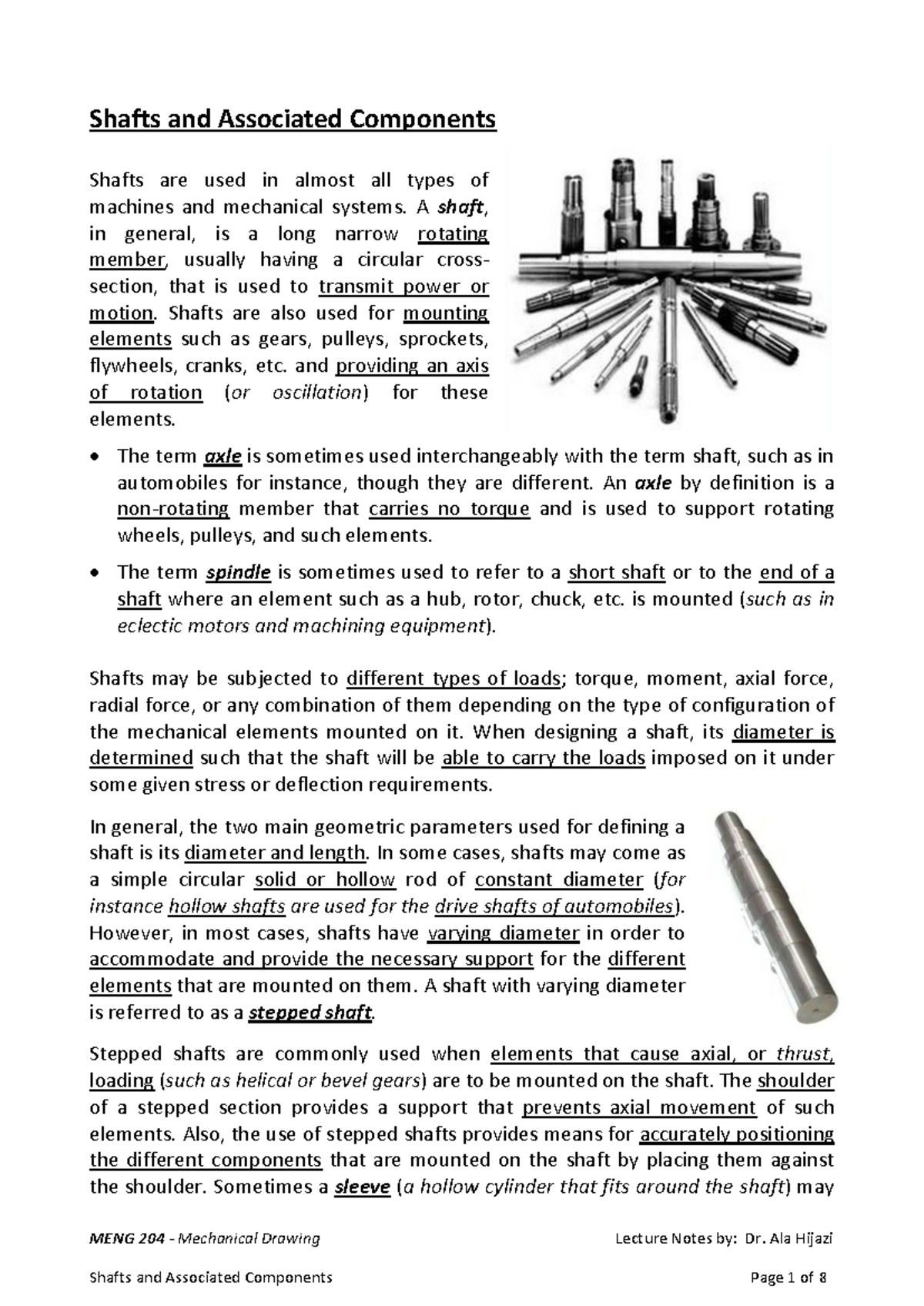MENG 204 - Mechanical Drawing Lecture Notes on Shafts and Components ...