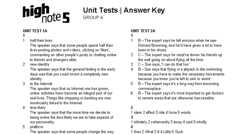High Note 5 AK Unit Test A Answer Key and Explanations - Studocu