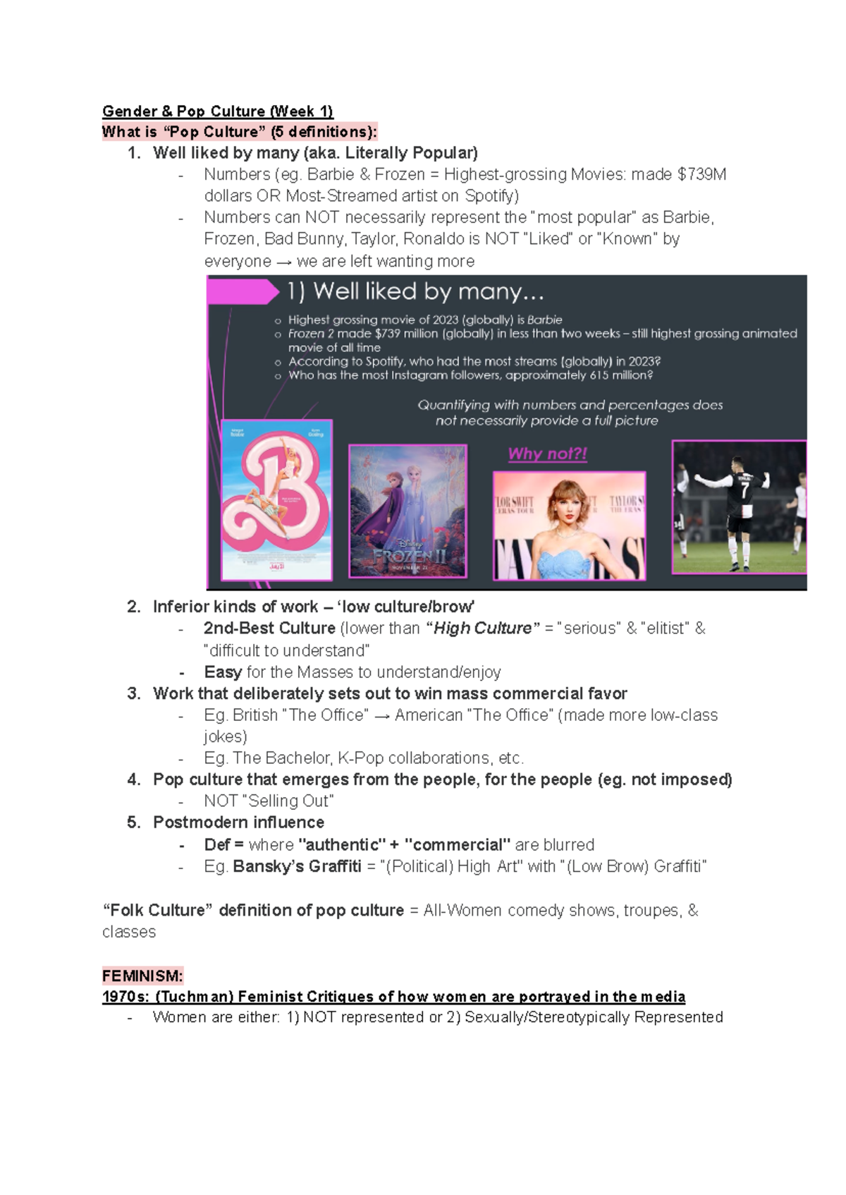 GSWS Midterm (Test 1) - Notes for Test 1 - Gender & Pop Culture (Week 1 ...