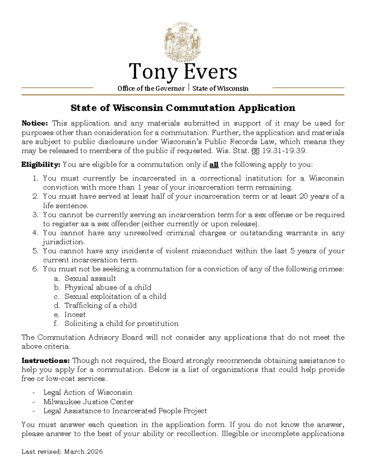 Commutation Application Form - State of Wisconsin (Final) - Studocu