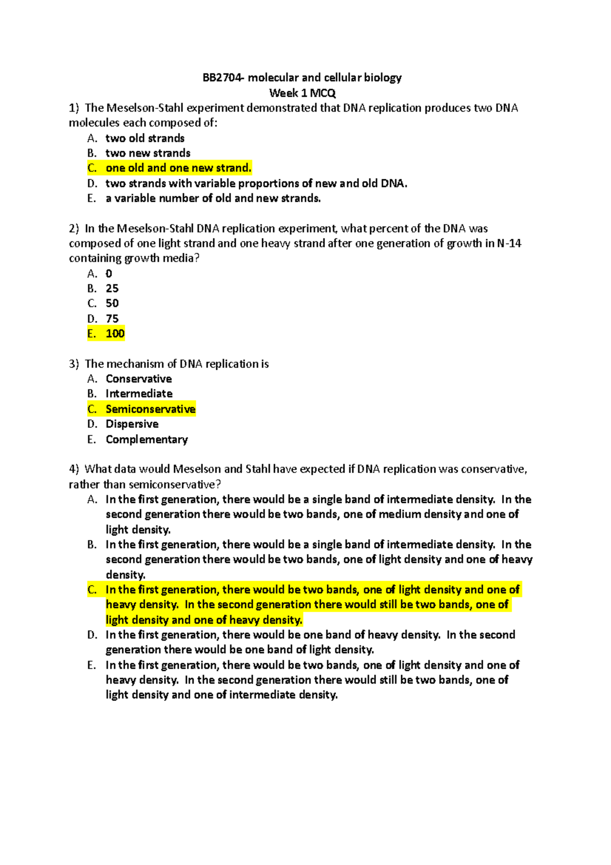 BB2704-MCQ Questions - Molecular & Cellular Biology Review - Document Preview