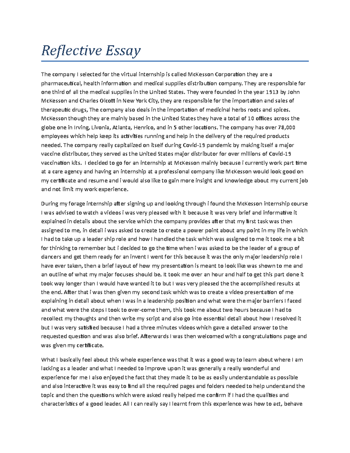 Reflective Essay esp year 2 - Reflective Essay The company I selected ...