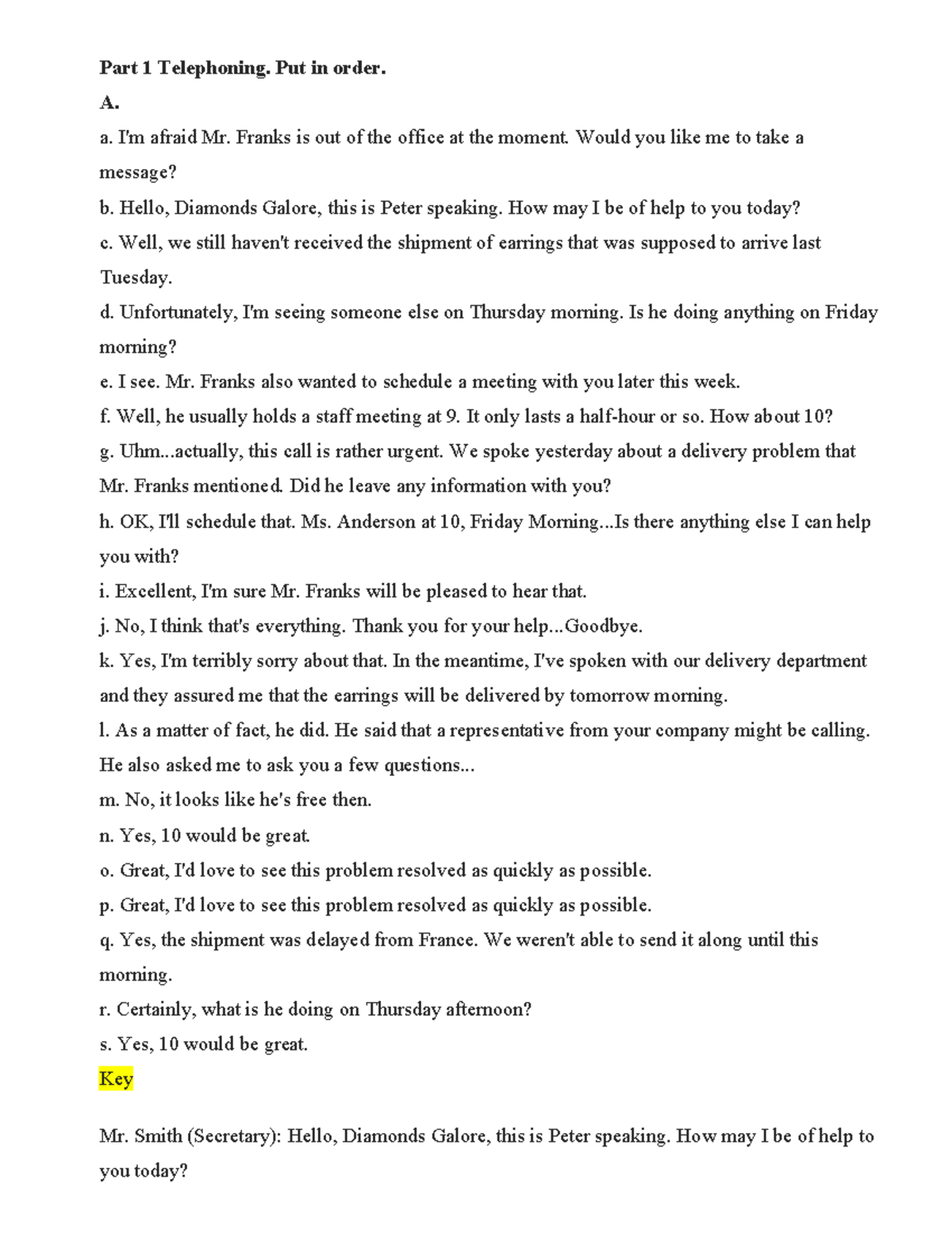Telephoning Skills Practice: Part 1 Dialogue Exercises - Studocu
