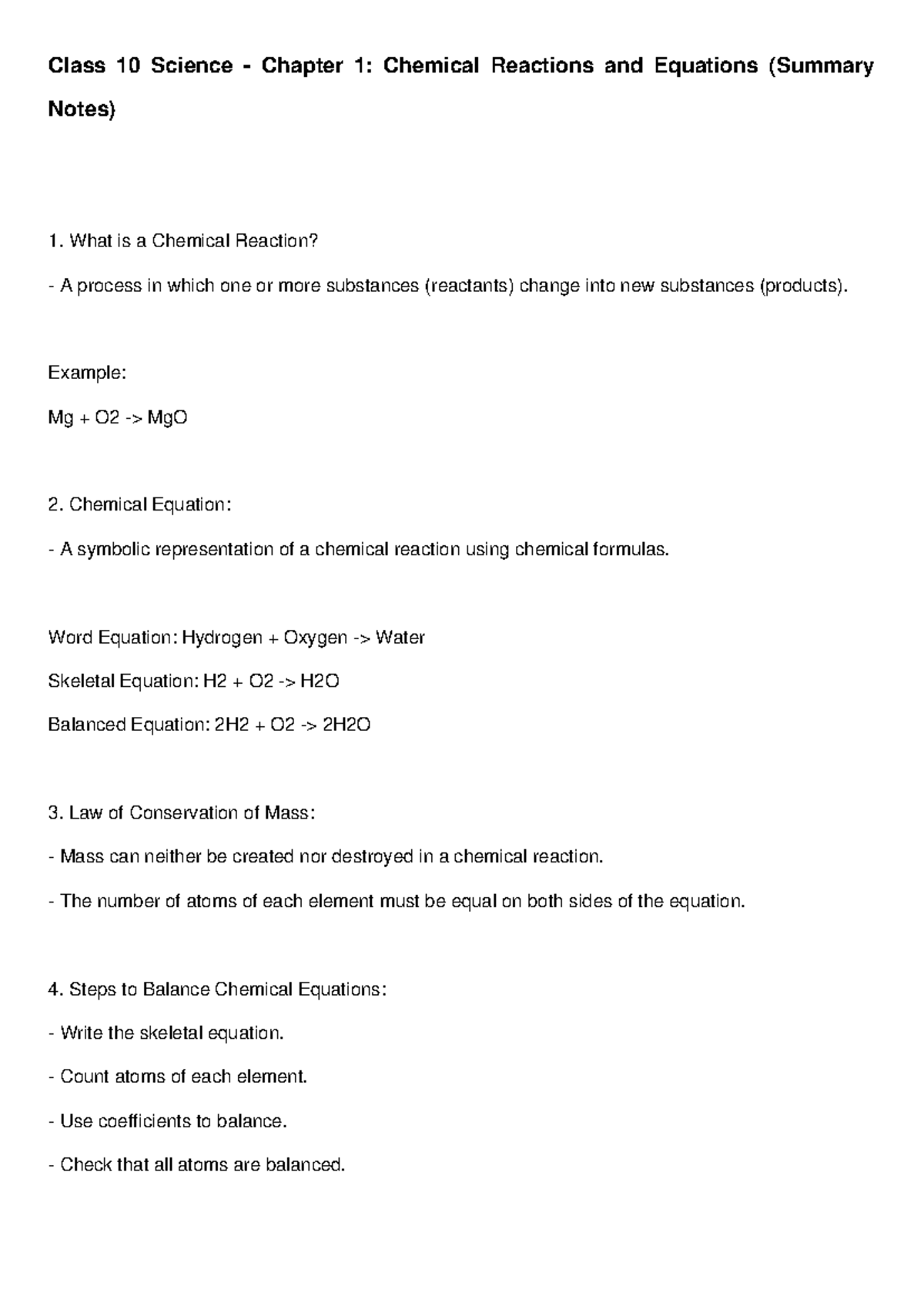 Class 10 Science Chapter 1: Chemical Reactions & Equations Summary ...