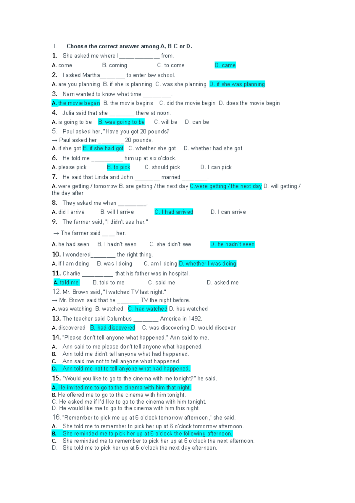 Reported Speech Practice Questions and Answers - ESL 101 - Studocu
