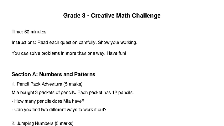 Grade 3 Math Challenge: Creative Problem Solving Activities - Studocu