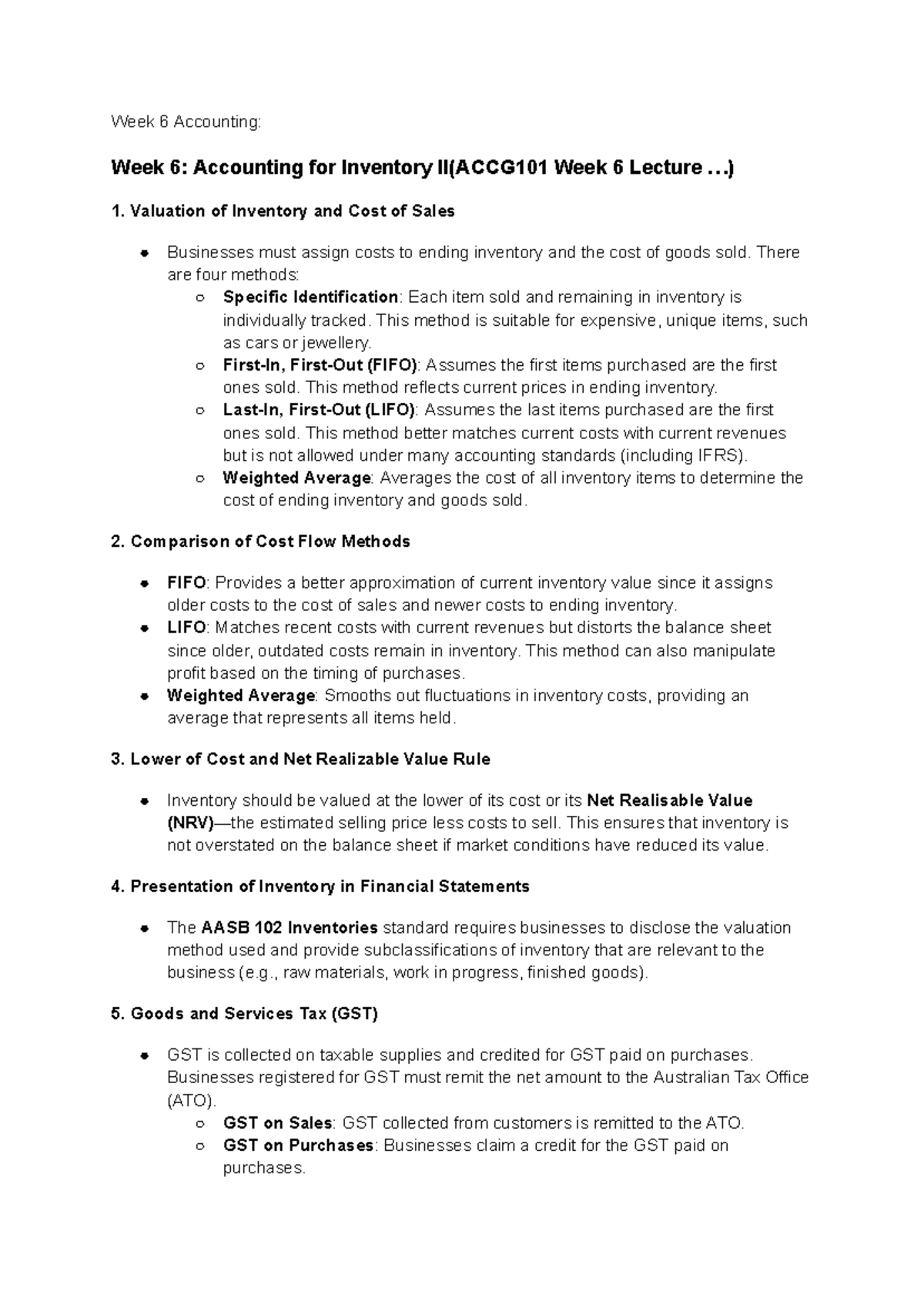 Week 6 Accounting: Inventory Valuation Methods & GST Overview - Studocu