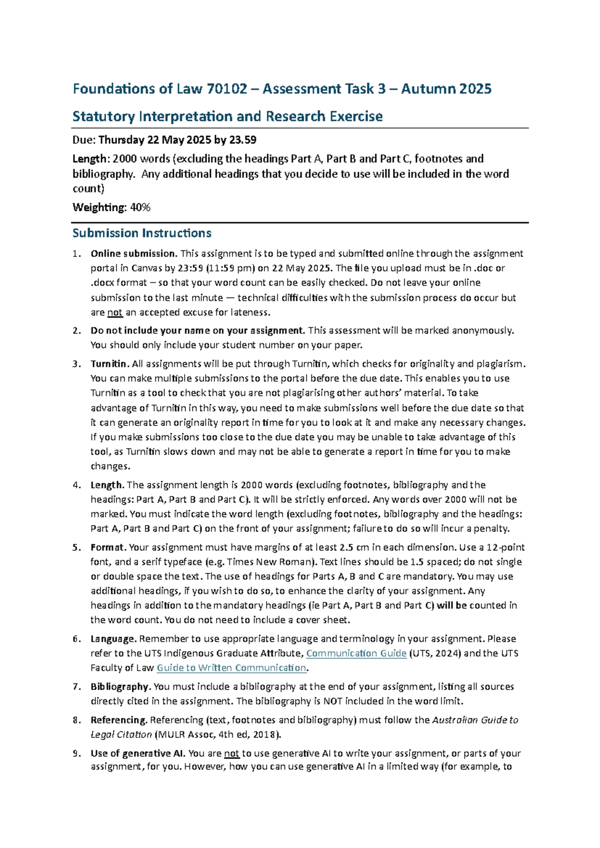 Foundations of Law 70102 Assessment Task 3: Statutory Interpretation ...