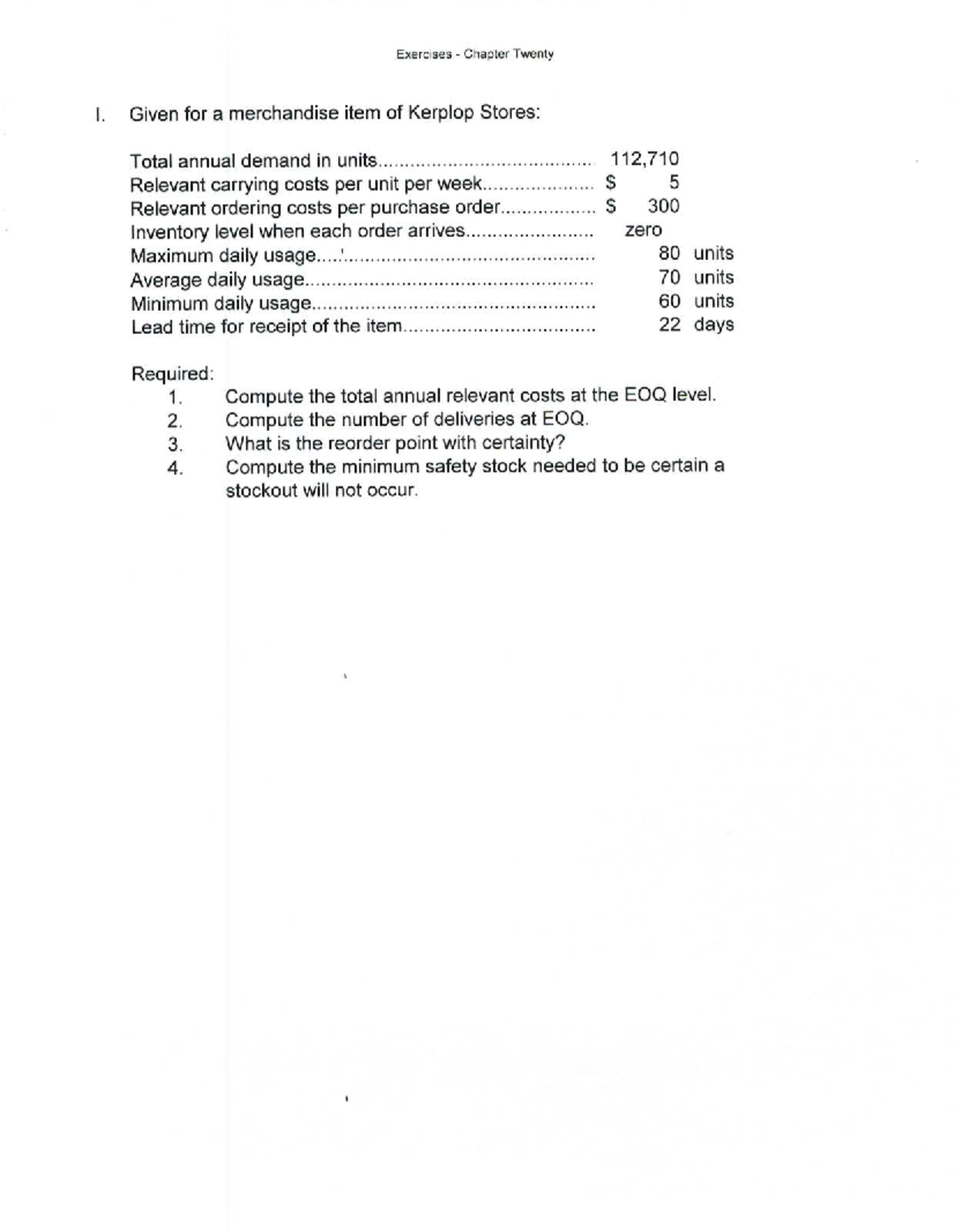 CHP 20 - Exercises on Inventory Management and Cost Analysis - Studocu