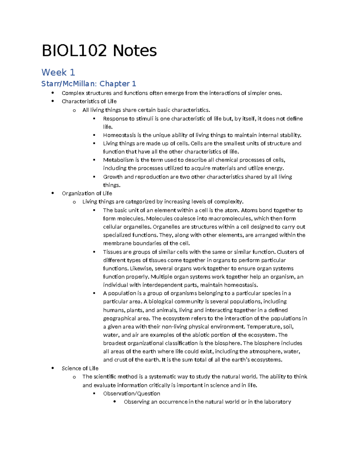 BIOL102 Week 1 Notes: Key Concepts from Chapter 1 - Studocu