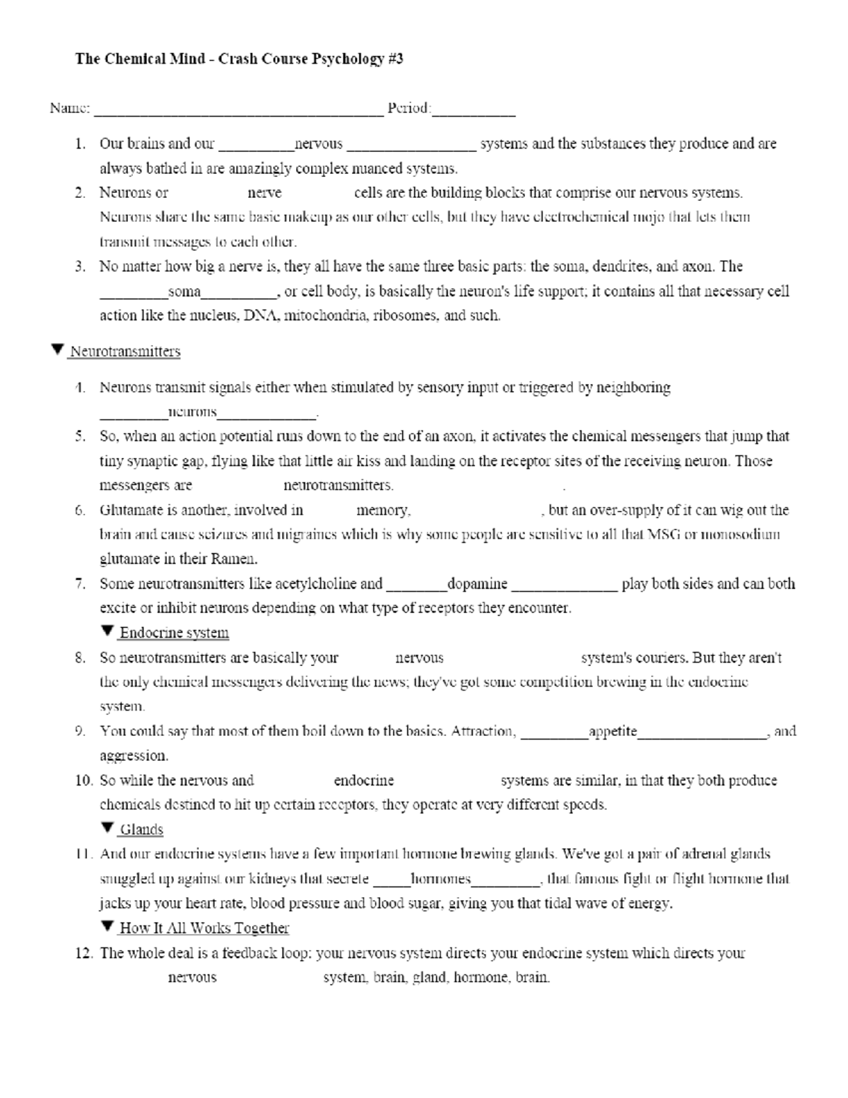 CC Psych 3 Crash Course Worksheets The Chemical Mind Crash Course Psychology Name bo Cd