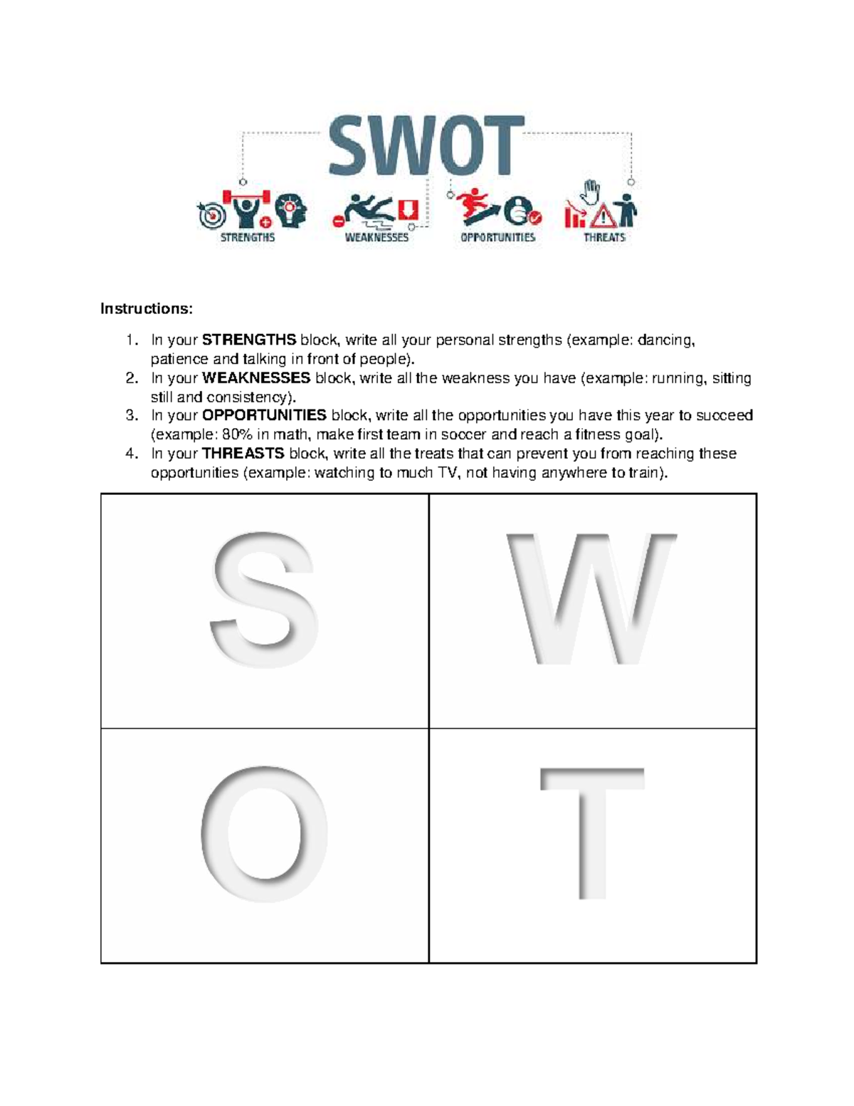SWOT - Practice Exercise - Instructions: 1. In your STRENGTHS block ...