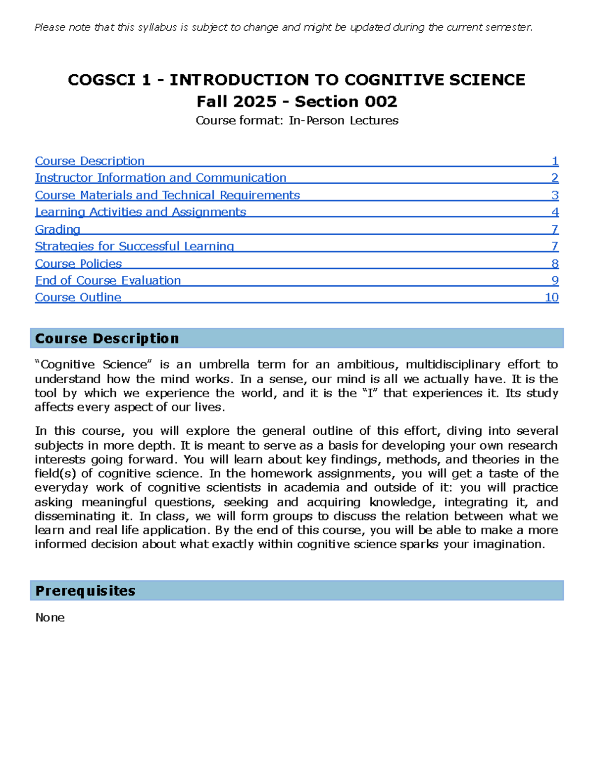 COGSCI 001 LEC 002 Syllabus Overview - Fall 2025 - Studocu
