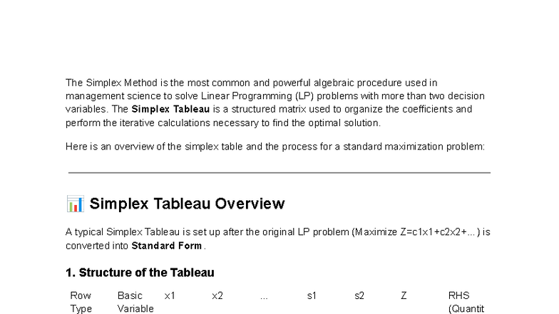 Management Science - Simplex table notes - The Simplex Method is the ...