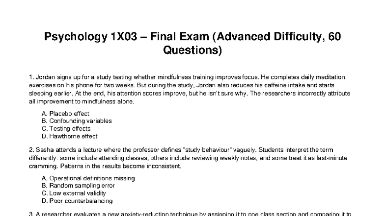 PSYCH 1X03 Final Exam (Advanced Version 2, 60 Questions) - Studocu