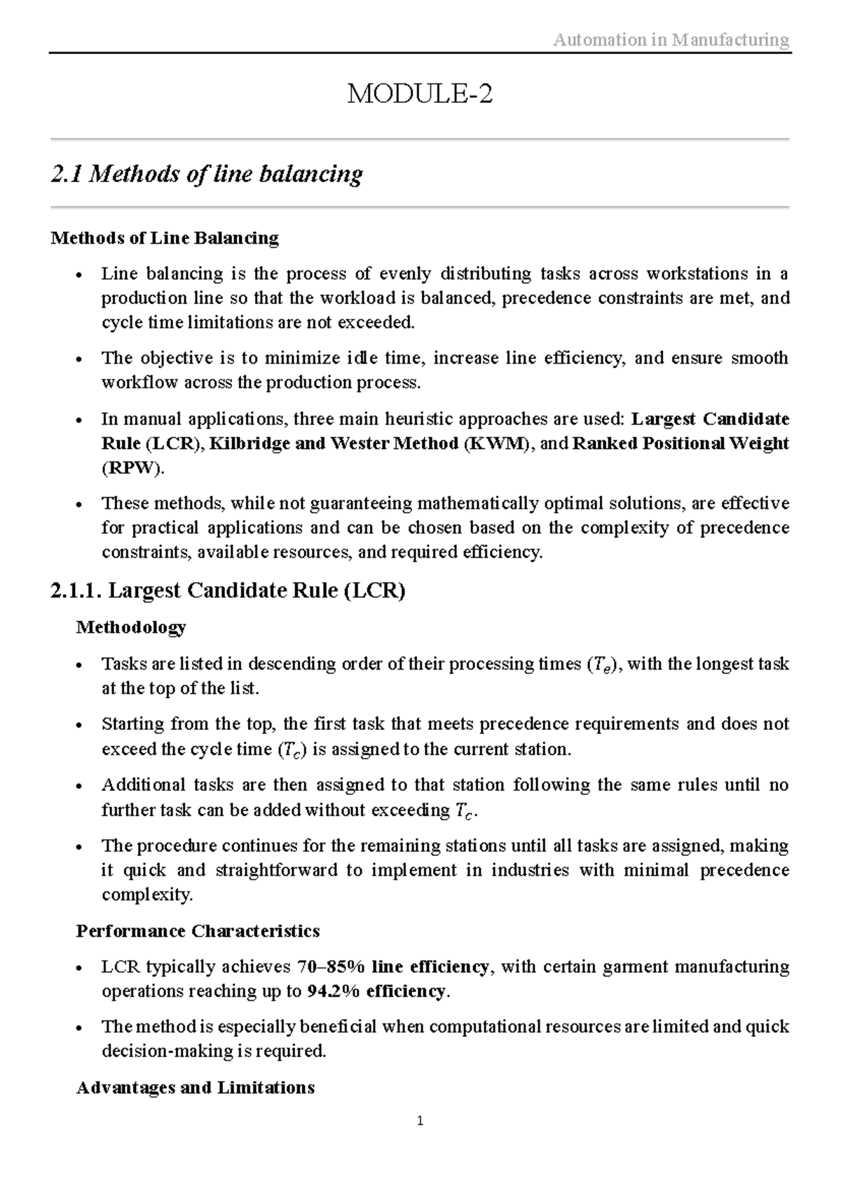 Automation in Manufacturing: Line Balancing Methods (Module-2 Notes ...
