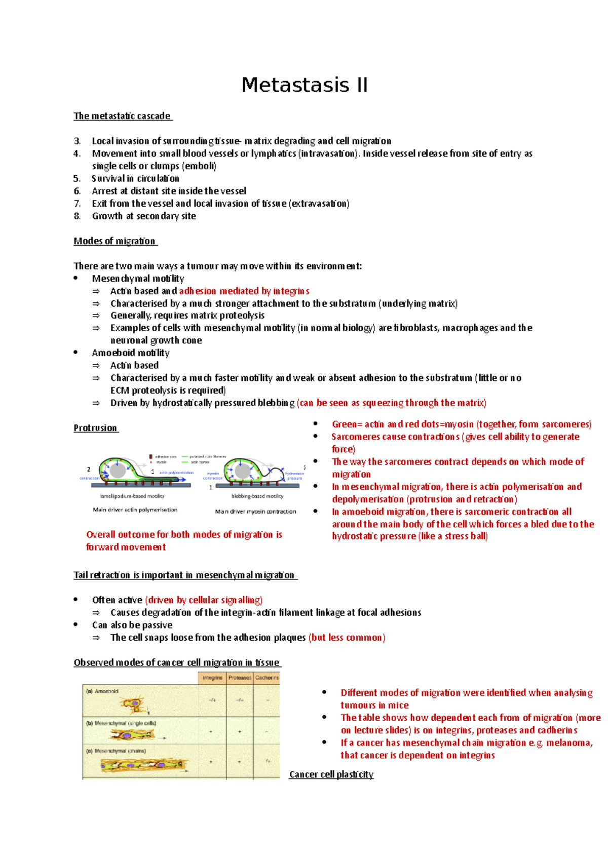 Metastasis II - Summary of lectures. Red text is anything the lecturer ...