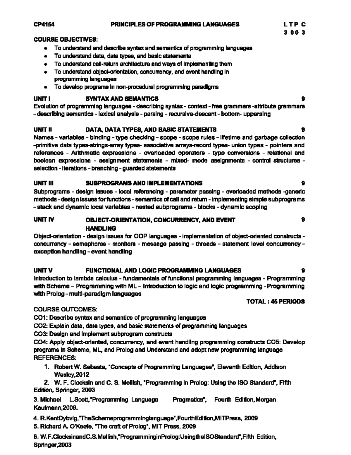 CP4154 PRINCIPLES OF PROGRAMMING LANGUAGES SYLLABUS OVERVIEW - Studocu